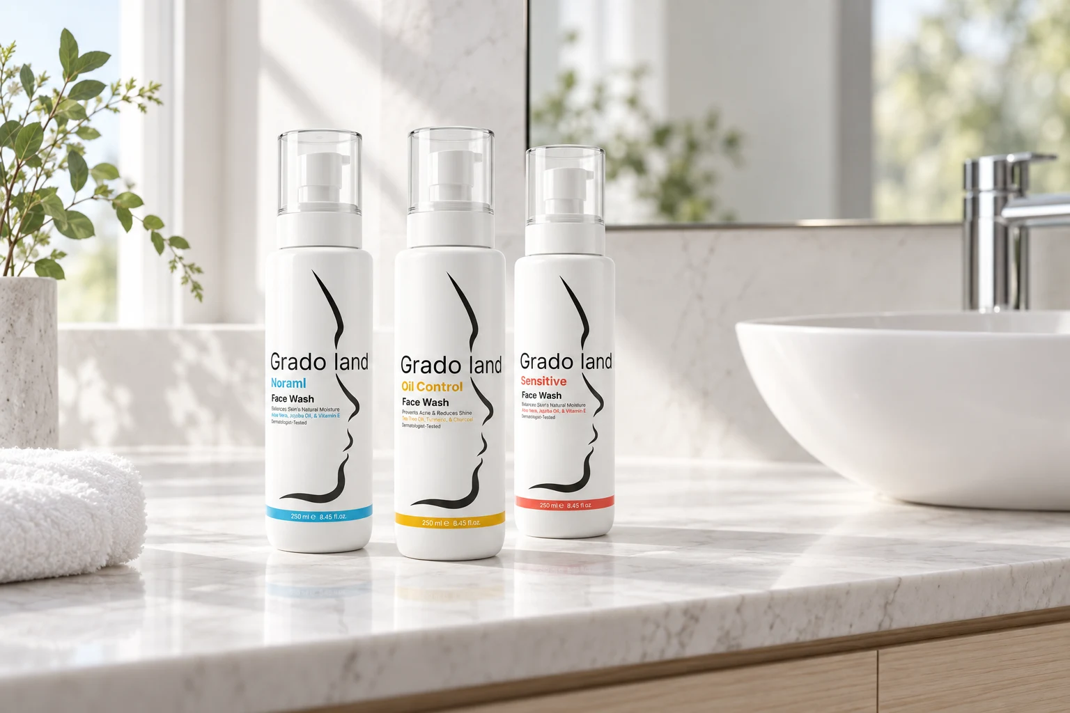 Three Gradoland face washes in a modern minimalist bathroom
