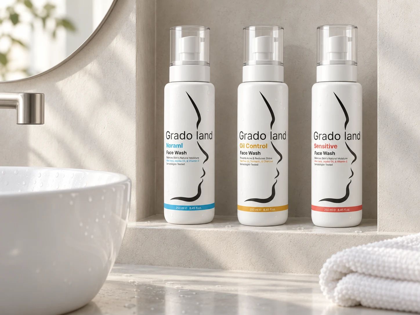Gradoland face washes beside a modern bathroom sink